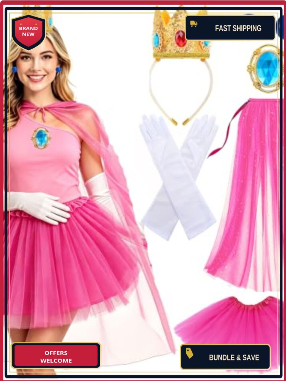 Princess Accessory Set 6Pc Cloak Crown Tutu Gloves Brooch Earrings Halloween